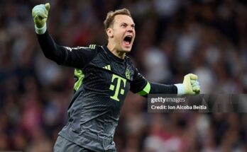 MADRID, SPAIN - APRIL 07: Manuel Neuer of FC Bayern Munchen celebrates his team's first goal scored by Luis Diaz (Not pictured) during the UEFA Champions League 2025/26 Quarter-Final First Leg match between Real Madrid CF and FC Bayern München at Estadio Santiago Bernabeu on April 07, 2026 in Madrid, Spain. (Photo by Ion Alcoba Beitia/Getty Images)