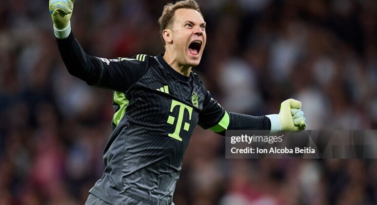 MADRID, SPAIN - APRIL 07: Manuel Neuer of FC Bayern Munchen celebrates his team's first goal scored by Luis Diaz (Not pictured) during the UEFA Champions League 2025/26 Quarter-Final First Leg match between Real Madrid CF and FC Bayern München at Estadio Santiago Bernabeu on April 07, 2026 in Madrid, Spain. (Photo by Ion Alcoba Beitia/Getty Images)