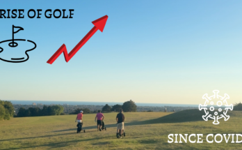 Rise of golf since covid with golf pin and green, rising graph arrow and virus