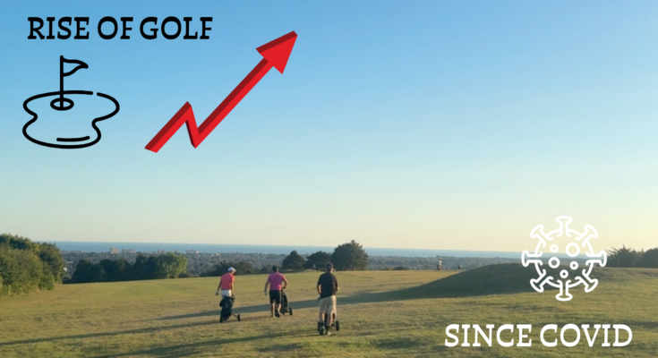 Rise of golf since covid with golf pin and green, rising graph arrow and virus