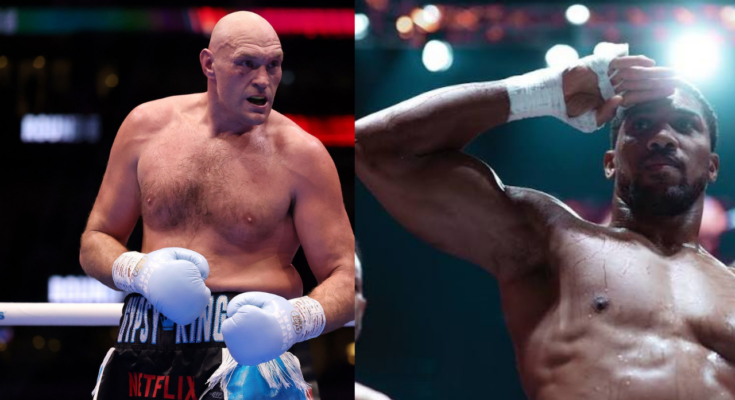 A picture of Tyson Fury in his latest comeback, side by side with Anthony Joshua