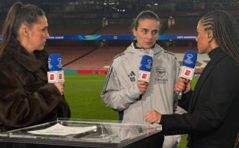 Renee Slegers holds ESPN and Disney+ microphone for post-match interview with Fara Williams and Alex Scott.