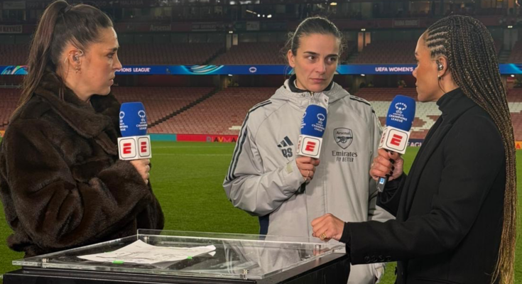 Renee Slegers holds ESPN and Disney+ microphone for post-match interview with Fara Williams and Alex Scott.
