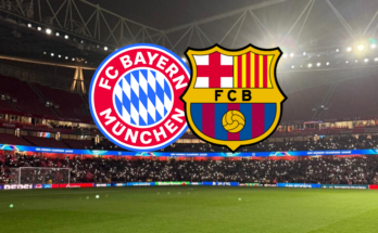 Bayern Munich and Barcelona badges on photo of football stadium.