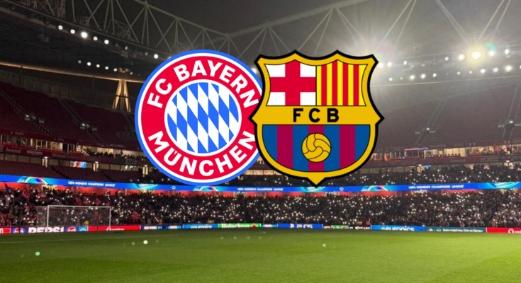 Bayern Munich and Barcelona badges on photo of football stadium.