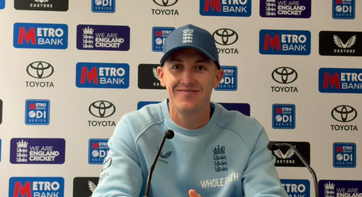 Harry Brook speak at the Tri Series Press conference