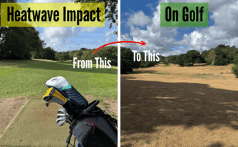 Graphic of golf course during summer heatwave and in autumn with golf clubs and arrow comparing course conditions