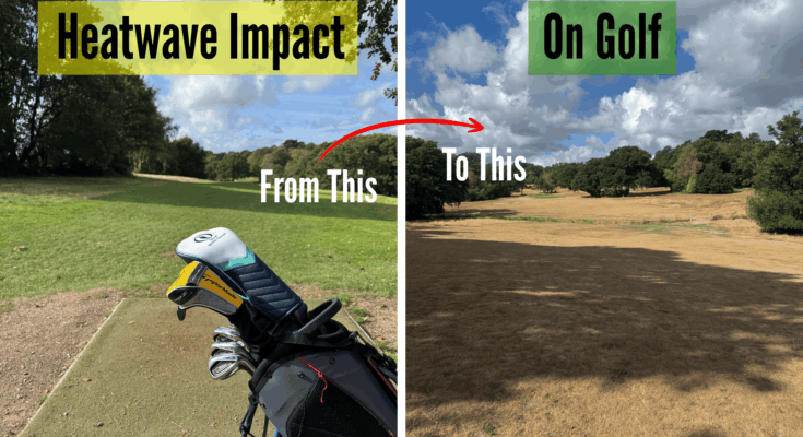 Graphic of golf course during summer heatwave and in autumn with golf clubs and arrow comparing course conditions
