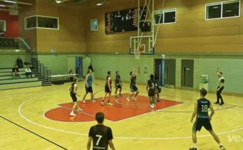 Basketball player shooting ball into hoop during match