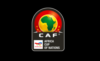 Black Background with a logo of an outline of Africa in a circle. It has the text of African Cup of Nations