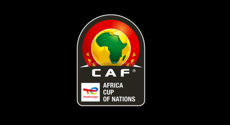 Black Background with a logo of an outline of Africa in a circle. It has the text of African Cup of Nations